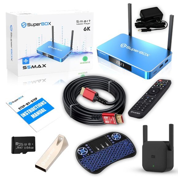IN-STOCK SuperBox S5 Max Bundle 8K HDMI, 64GB Card/Drive, WiFi Extender,Keyboard